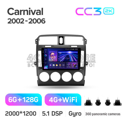 Штатная магнитола Teyes CC3 6+128 Gb с круговым обзором 360° Kia Carnival UP GQ 2002-2006 9" 2k