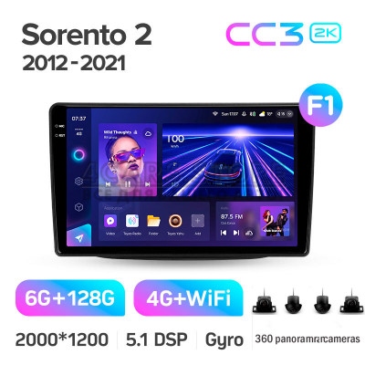 Штатная магнитола Teyes CC3 6+128 Gb с круговым обзором 360° Kia Sorento 2 II XM 2012 - 2021 (F1) 9" 2k