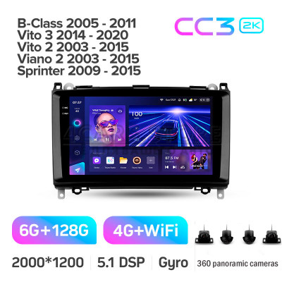 Штатная магнитола Teyes CC3 6+128 Gb с круговым обзором 360° Mercedes-Benz B-Class T245 Vito 3 W447 2014-2020 Vito 2 Viano 2 W639 2003-2 9" 2k