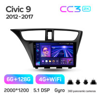 Штатная магнитола Teyes CC3 6+128 Gb с круговым обзором 360° Honda Civic 9 FK FB 2012-2017 9" 2k