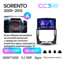 Штатная магнитола Teyes CC3 6+128 Gb с круговым обзором 360° Kia Sorento 2 XM 2009-2012 (A) 10" 2k