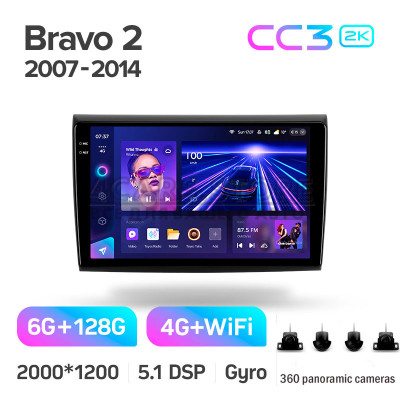 Штатна магнітола Teyes CC3 6+128 Gb з коловим оглядом 360° Fiat Bravo 198 2 II 2007-2014 9" 2k (L1)