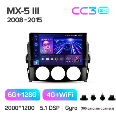 Штатная магнитола Teyes CC3 6+128 Gb с круговым обзором 360° Mazda MX-5 III 3 NC 2008-2015 9" 2k