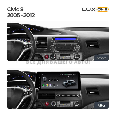 Штатна магнітола Teyes LUX ONE 6+128 Gb з коловим оглядом 360° Honda Civic 8 FK FN FD 2005-2012 12.3" (L1)