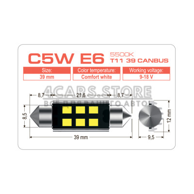 LED лампа AMS EXTREME C5W E6 T11 39 CANBUS 5500K