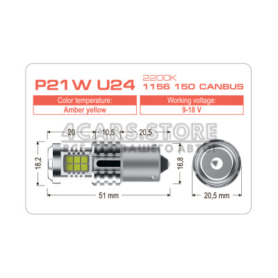 LED лампа AMS ULTIMATE P21W U24 1156 150 CANBUS 2200K