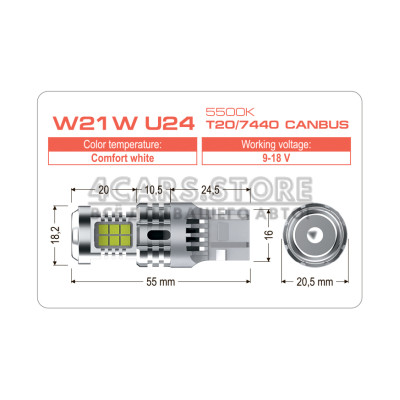 LED лампа AMS ULTIMATE W21W U24 T20/7440 CANBUS 5500K